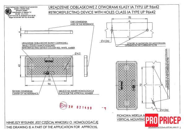 h4645h Світловідбивач на причіп помаранчевий WAS 96x42 з отворами