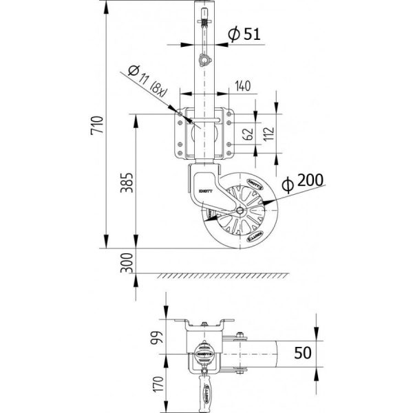 вцс Гвинтове опорне колесо Knott Autoflex TK51-210/50 M 150 кг з хомутом 6D7983.001